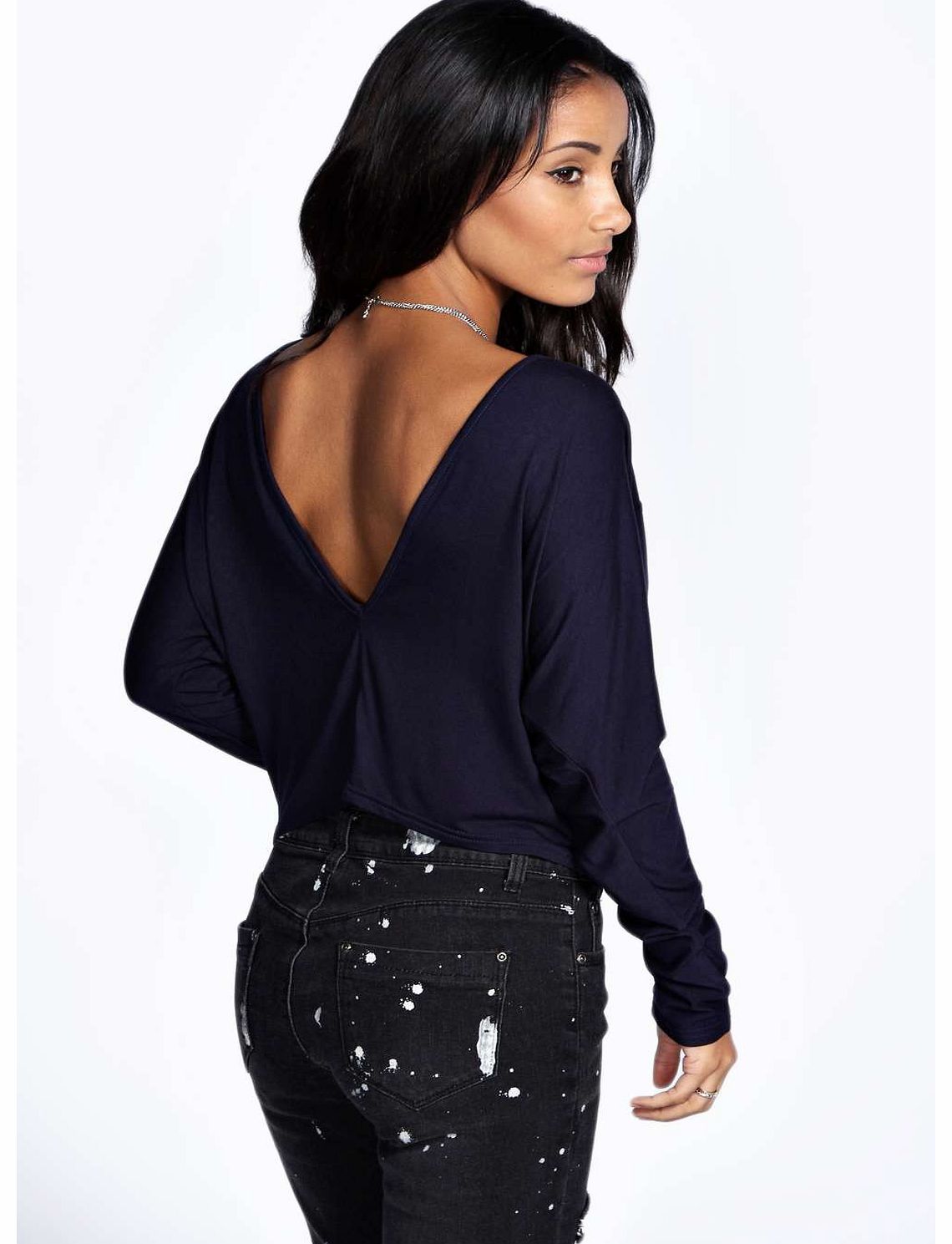 boohoo Isabelle Plunge Back Long Sleeve Top - navy