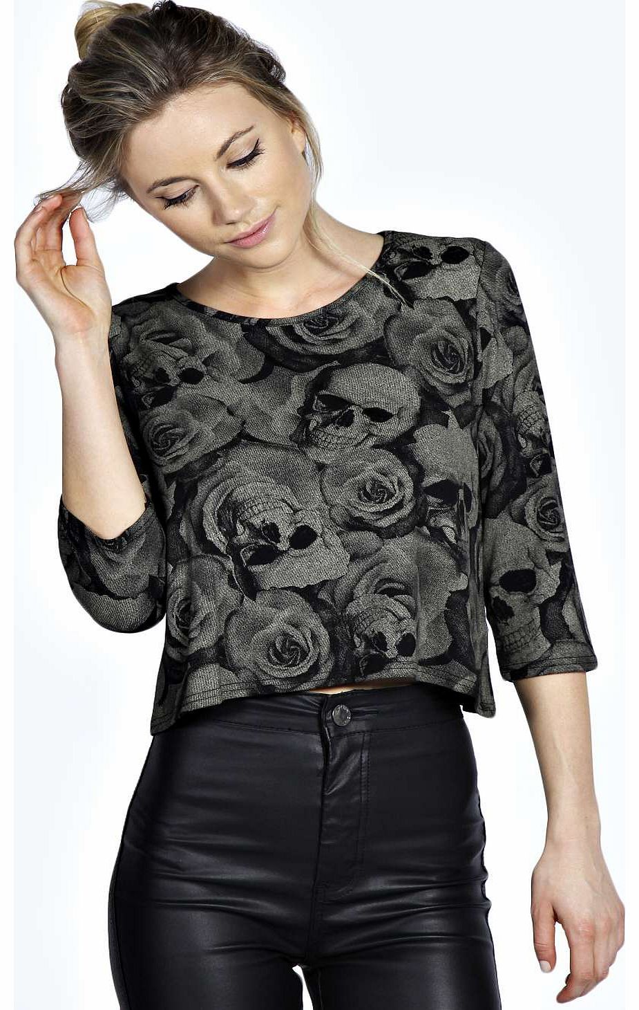 Isabelle Rose Skull 1/2 Sleeve Crop Top - black
