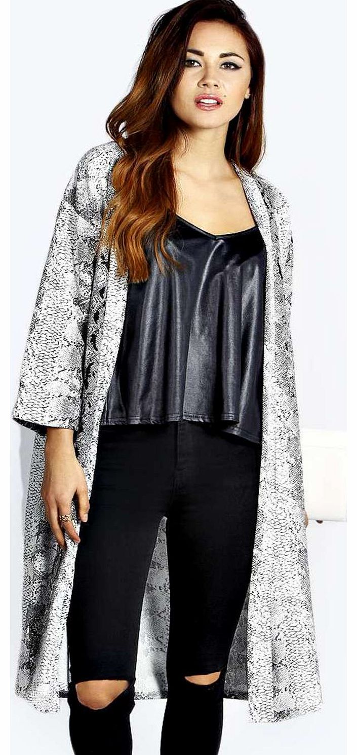 boohoo Isbel Snake Print Duster Coat - black azz15562