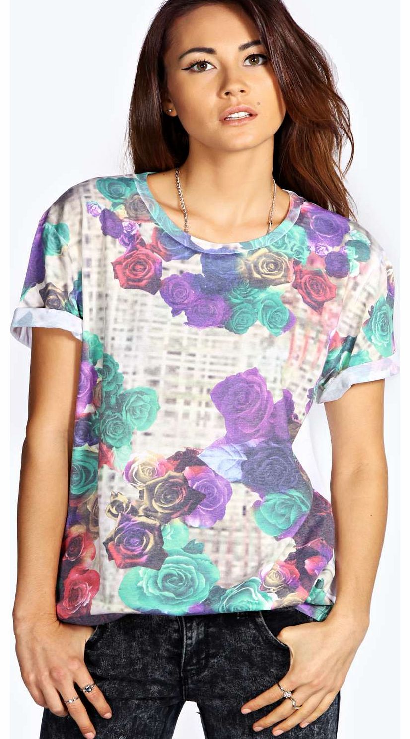 boohoo Isla Rose Print Roll Sleeve Tee - purple azz18949