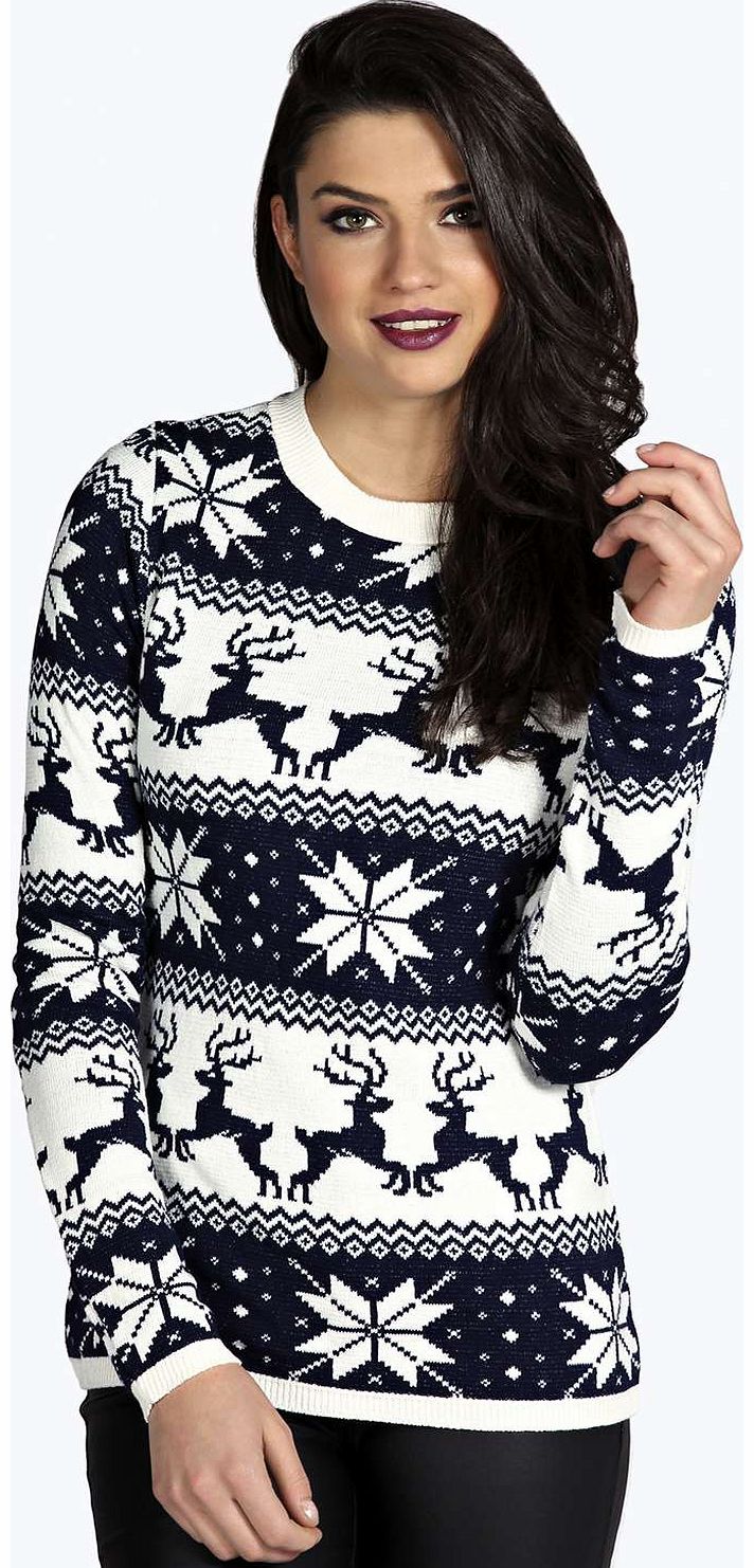 boohoo Jackie Snowflake Reindeer Fairisle Jumper - navy