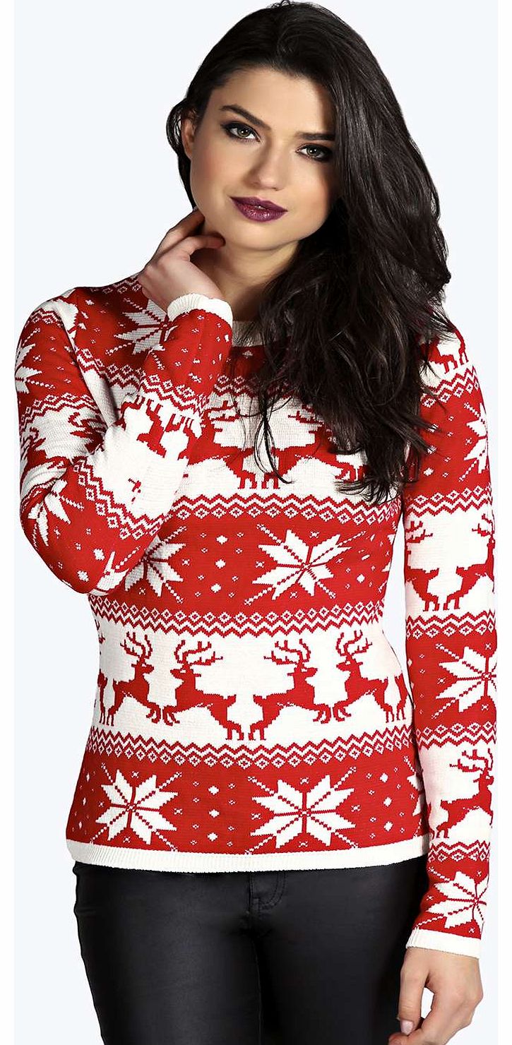 boohoo Jackie Snowflake Reindeer Fairisle Jumper - red