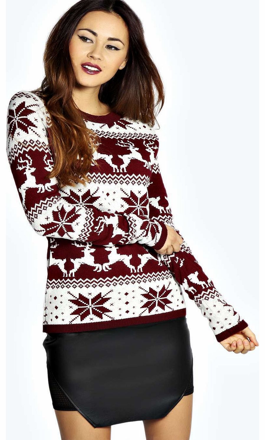 Jackie Snowflake Reindeer Fairisle Jumper - wine