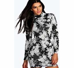 boohoo Jacquard High Neck Long Sleeve Bodycon Dress -