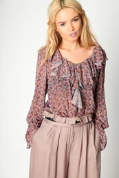 Boohoo Jada Ruffle Neck Printed Chiffion Blouse