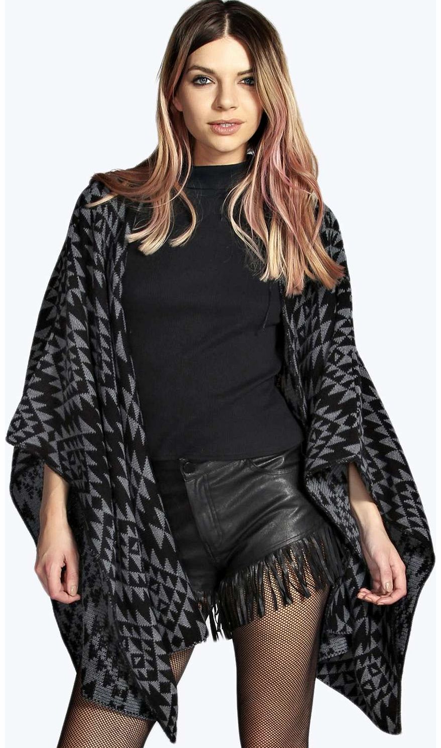 Jade Aztec Knited Cape - charcoal azz14408