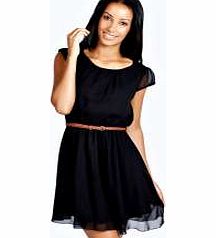 boohoo Jade Chiffon Belted Skater Dress - black azz24682