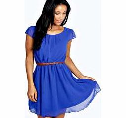 Jade Chiffon Belted Skater Dress - cobalt azz24682