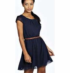 Jade Chiffon Belted Skater Dress - navy azz24682