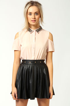 boohoo Jade Cut Out Shoulder Beaded Collar Blouse Female