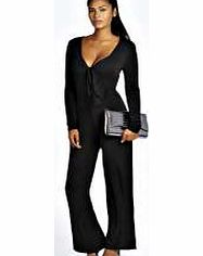 boohoo Jade Tie Front Wide Leg Jumpsuit - black azz20490