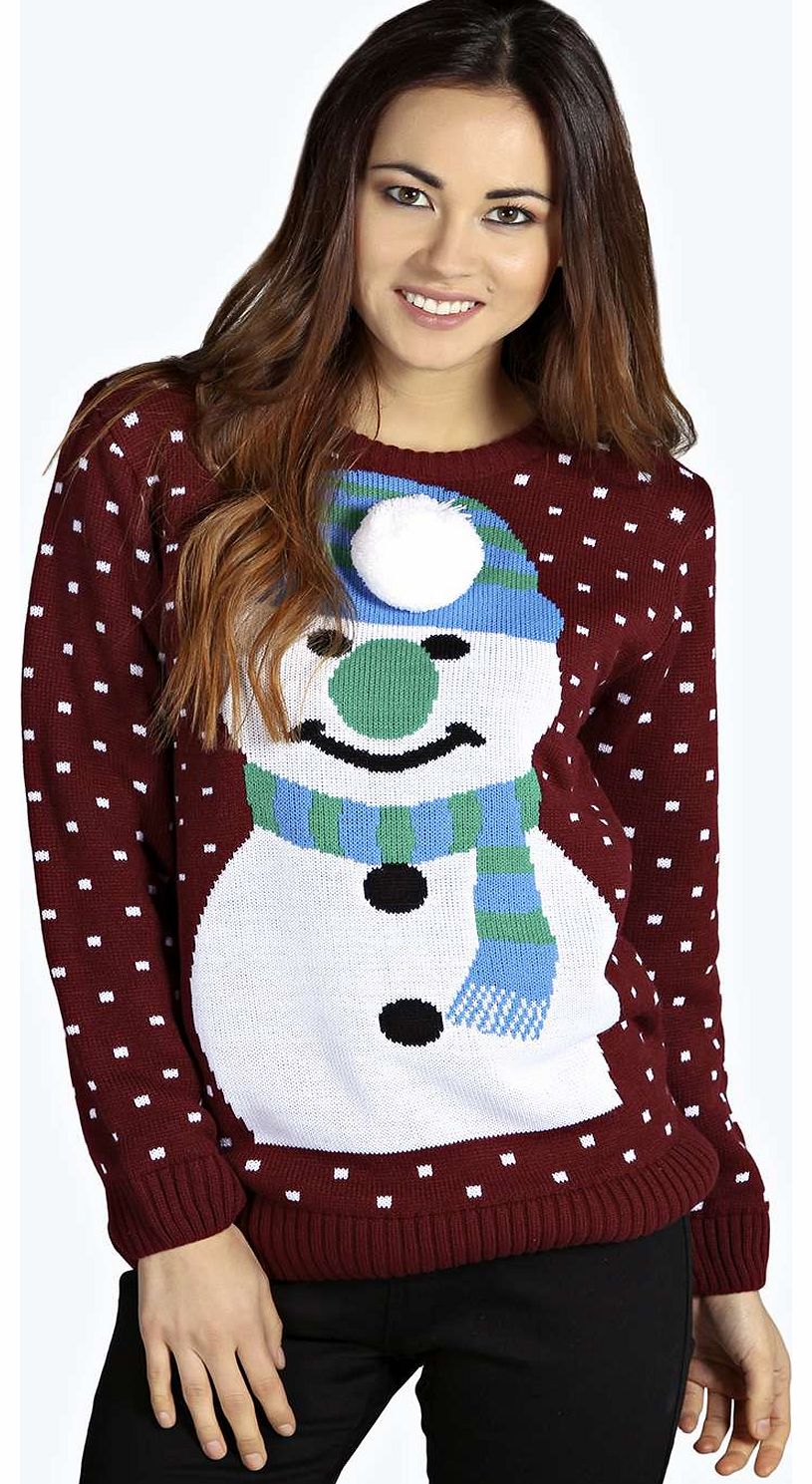 boohoo Jaimie Snowman Pom Pom Jumper - wine azz14259