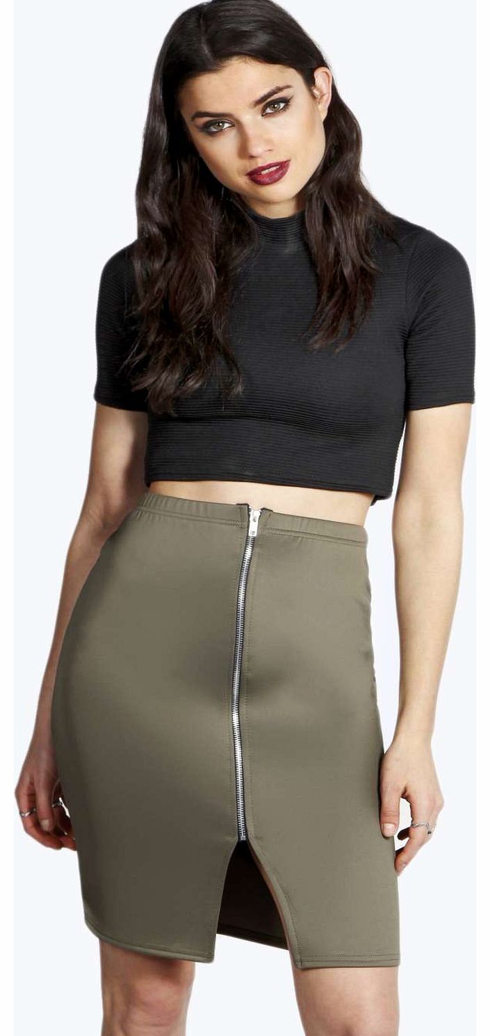 boohoo Janine Zip Front Scuba Midi Skirt - khaki azz17689