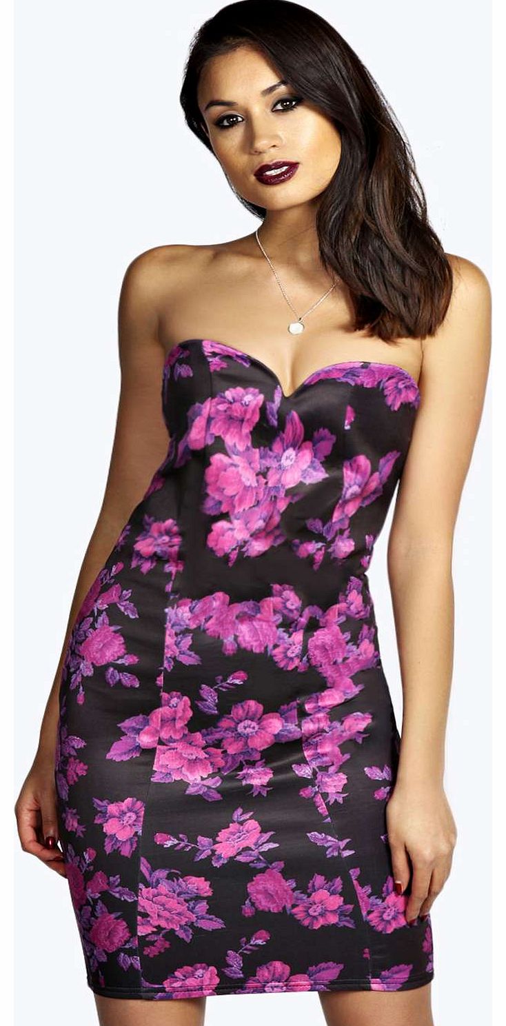 boohoo Jasmine Sweetheart Bandeau Floral Midi Bodycon