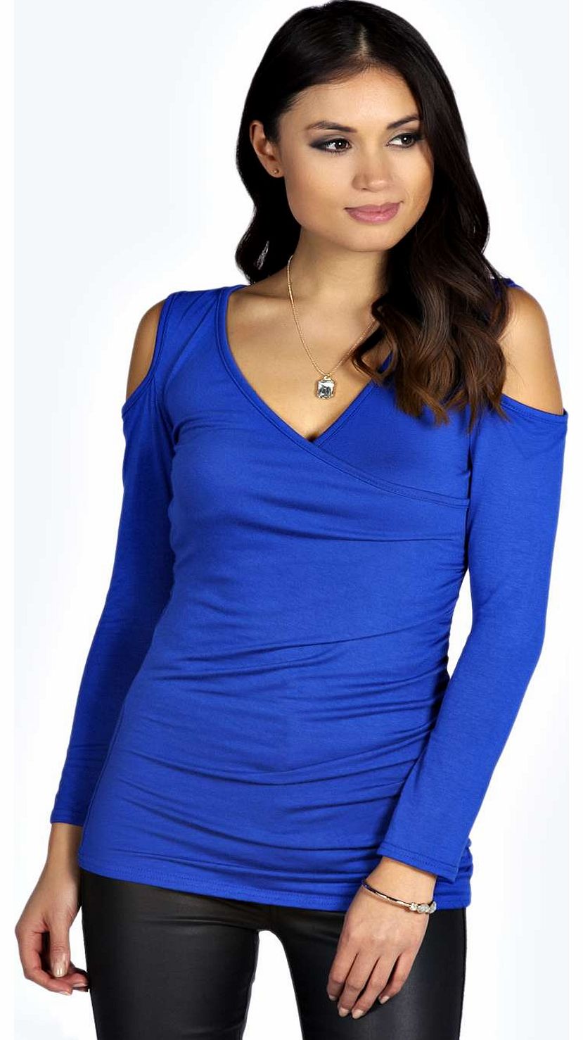 Jasmine Wrap Front Cut Out Shoulder Top - cobalt