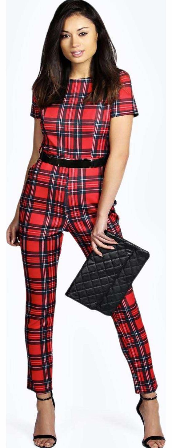 boohoo Jenni Red Check Gold Belt Jumpsuit - red azz16678