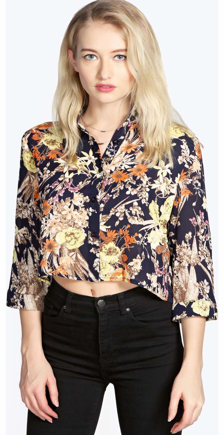 boohoo Jennie Printed Chiffon Pleat Back 3/4 Sleeve