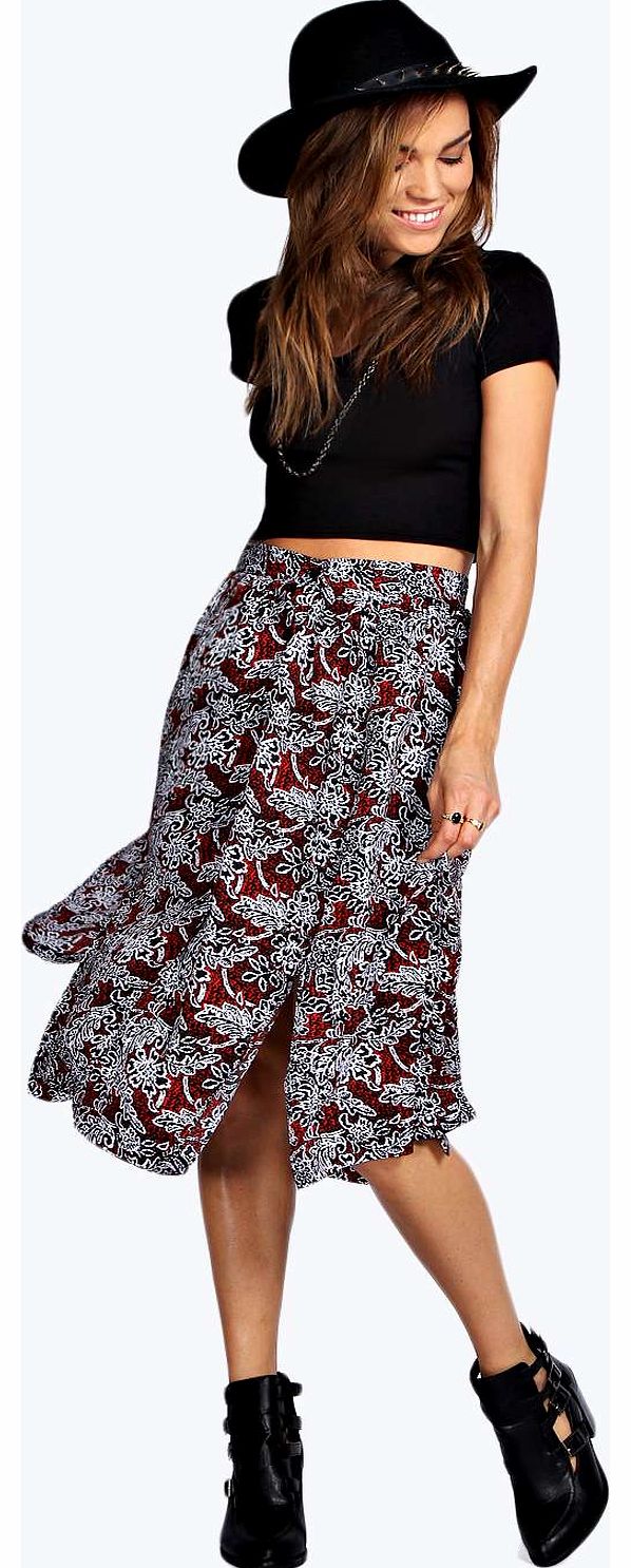 boohoo Jennifer Button Through Printed Mid Skirt -