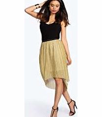 boohoo Jess Glitter Pleated Dip Hem Skirt - gold azz19842