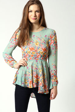 boohoo Joan Floral Chiffon Longline Peplum Blouse Female