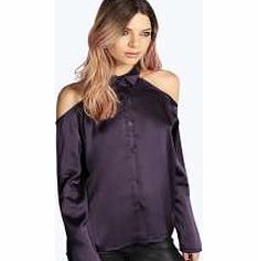 boohoo Julia Open Shoulder Silky Blouse - grape azz20622