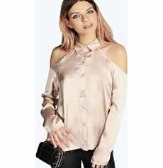 boohoo Julia Open Shoulder Silky Blouse - nude azz20622