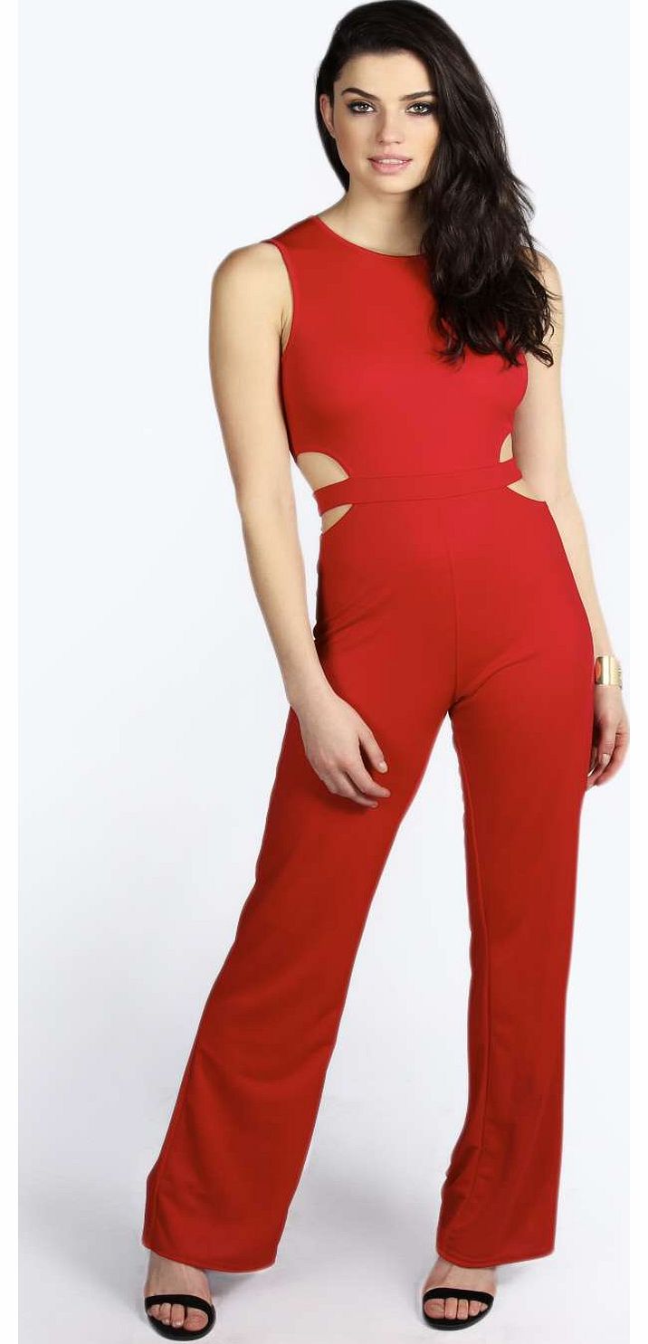 boohoo Kacey Cut Out Side Wide Leg Jumpsuit - red