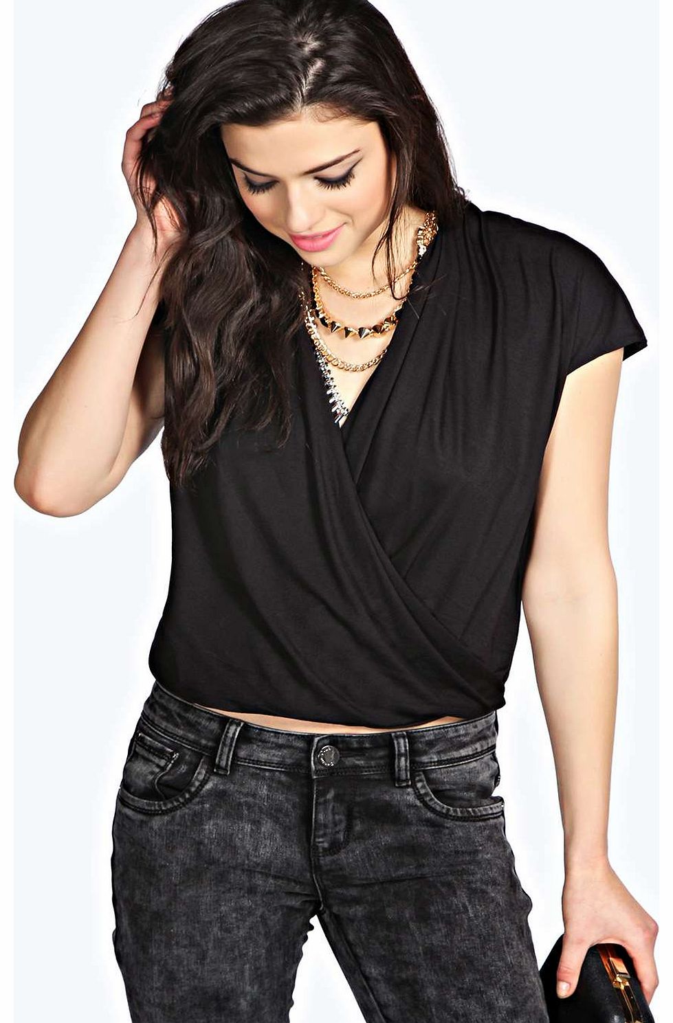 boohoo Kaitlyn Drape Front Short Sleeve Top - black