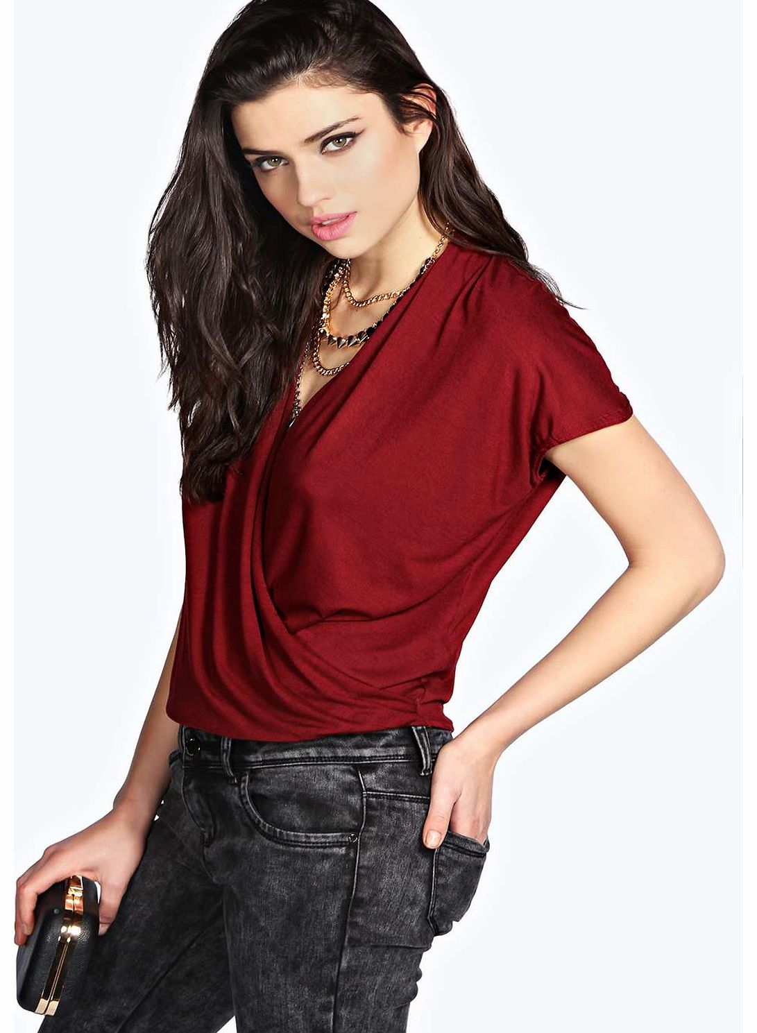 boohoo Kaitlyn Drape Front Short Sleeve Top - wine