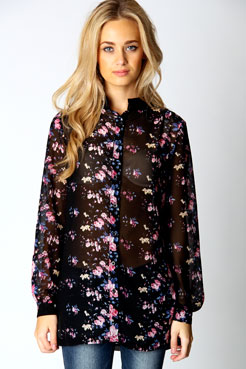 boohoo Kali Folk Chiffon Long Line Blouse Female