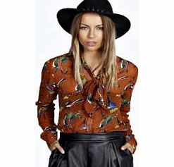 boohoo Kara Bird Print Pussybow Blouse - multi azz25765