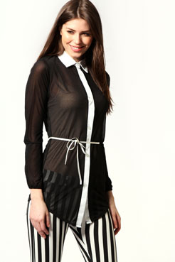 boohoo Karla Contrast Collar Tie Belt Chiffon Blouse