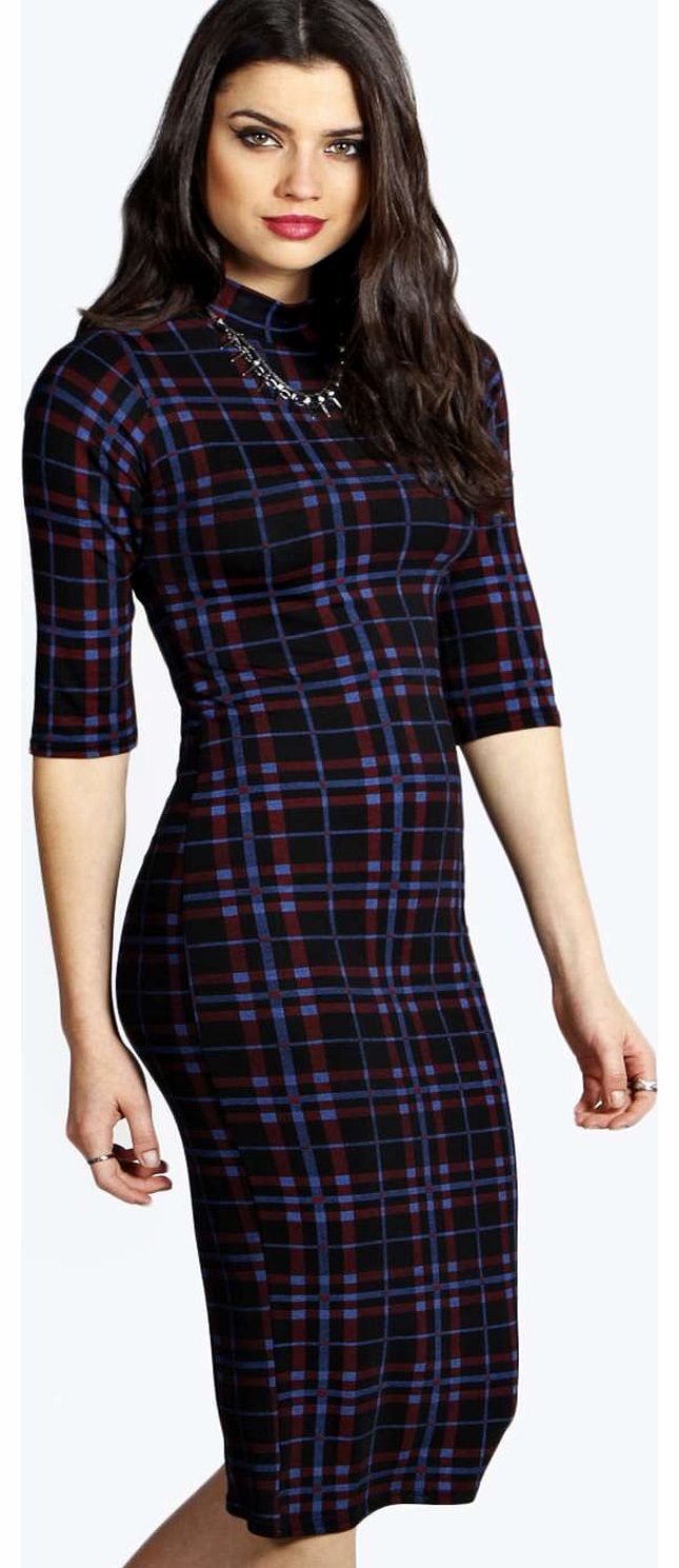 Katherine Turtle Neck Checked Midi Dress - multi