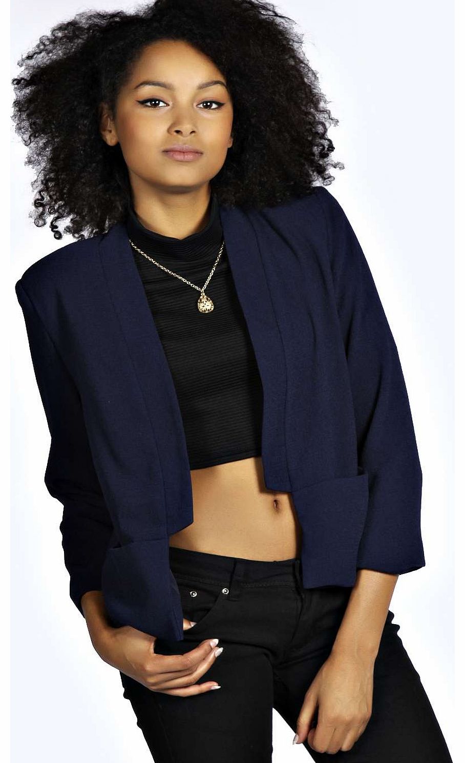 boohoo Katie Collarless Kimono Blazer - navy azz19164