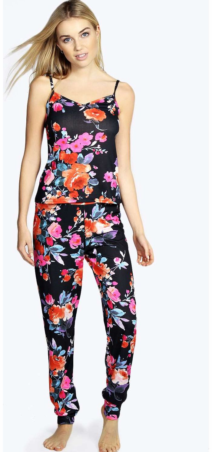 boohoo Katie Dark Floral Vest and Jogger Night Set -