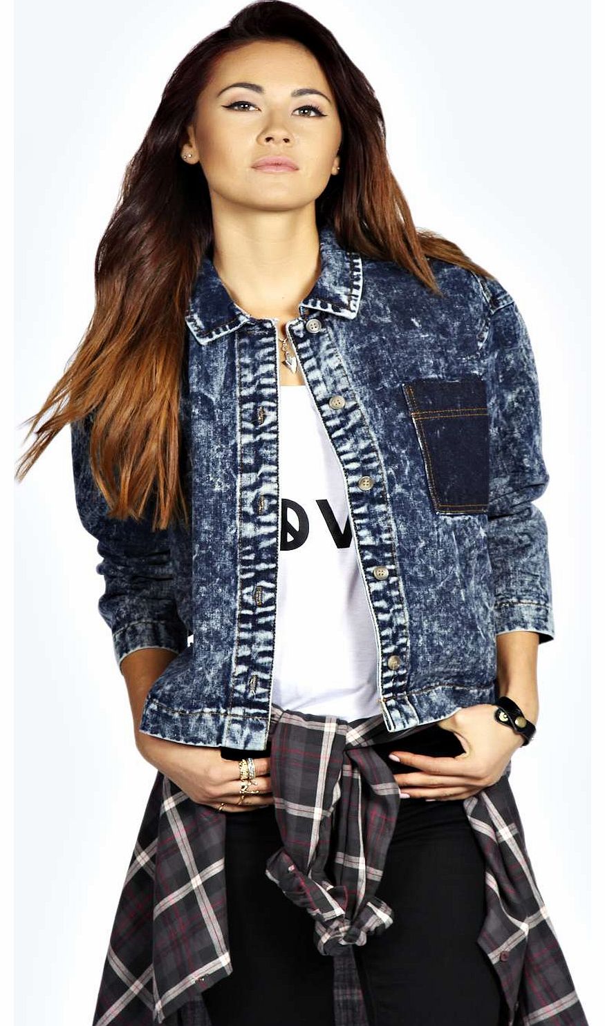 boohoo Katy Acid Wash Contrast Pocket Denim - blue