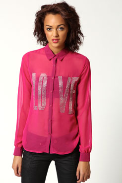 boohoo Kaylee Diamonte Love Print Blouse Female