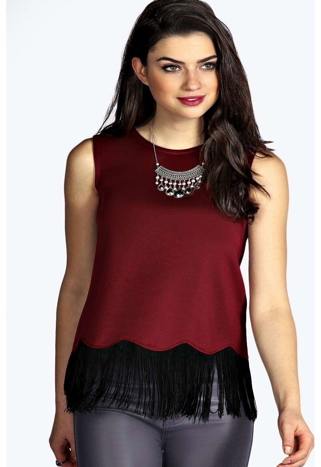boohoo Keely Sleeveless Scallop Edge Tassle Trim Top -