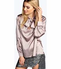 boohoo Kiara Long Sleeved Silky Pussy Bow Blouse - mink