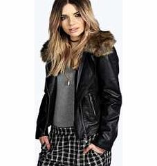boohoo Kim Fur Collar Faux Leather Jacket - black