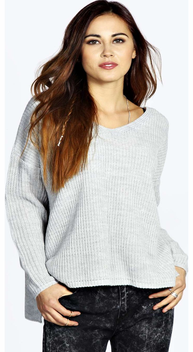 Kim Rib Knit V-Neck Oversized Jumper - silver