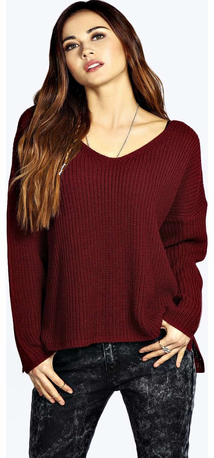 Kim Rib Knit V-Neck Oversized Jumper - wine