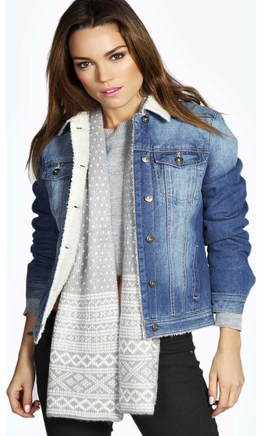 boohoo Kim Sherpa Lined Denim Jacket - blue azz16166