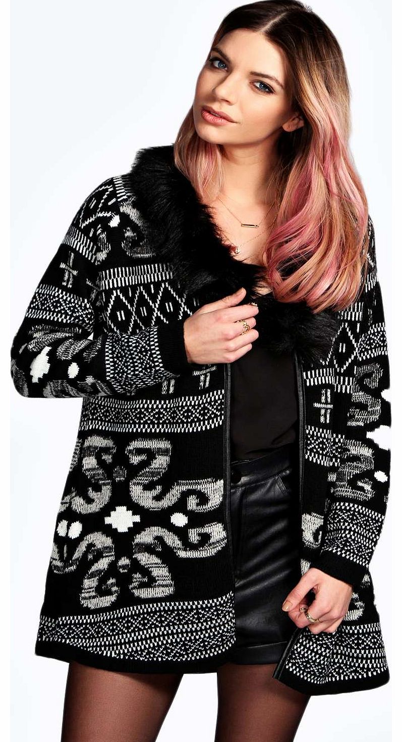 Kimmy Aztec Fur Collar Cardigan - black azz14825