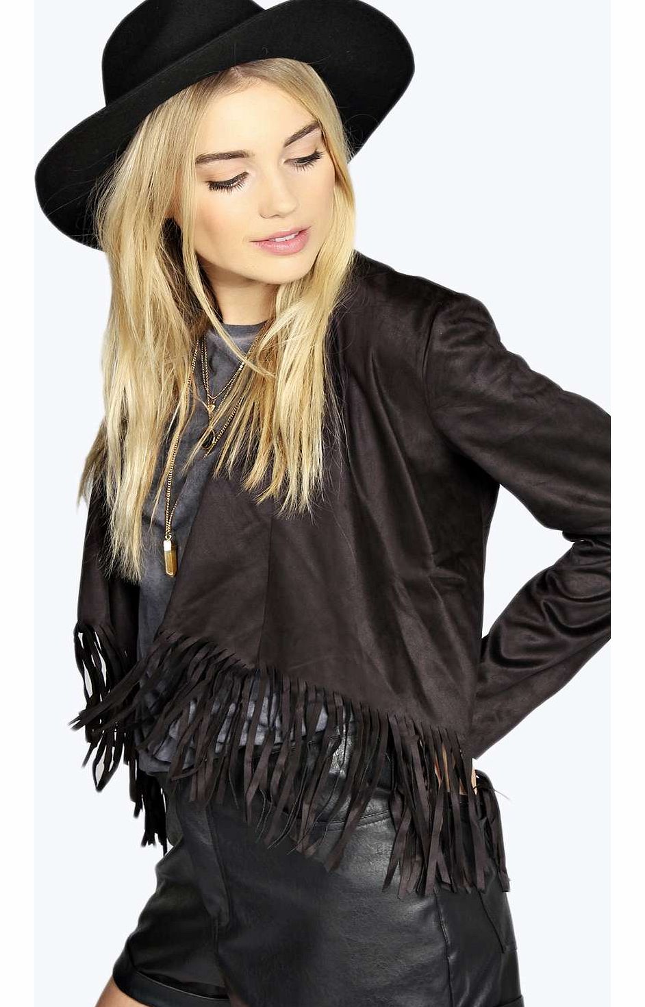 boohoo Kira Tassel Waterfall Jacket - black azz14367