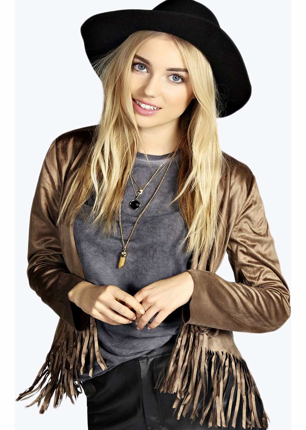 boohoo Kira Tassel Waterfall Jacket - camel azz14367