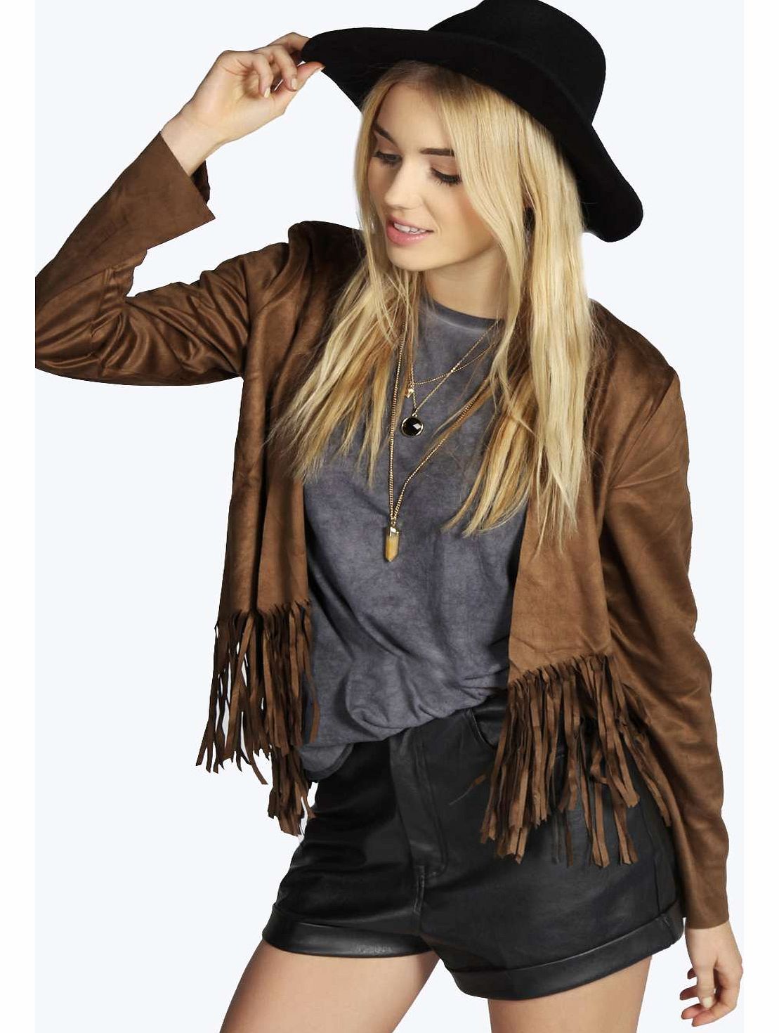 boohoo Kira Tassel Waterfall Jacket - chocolate azz14367