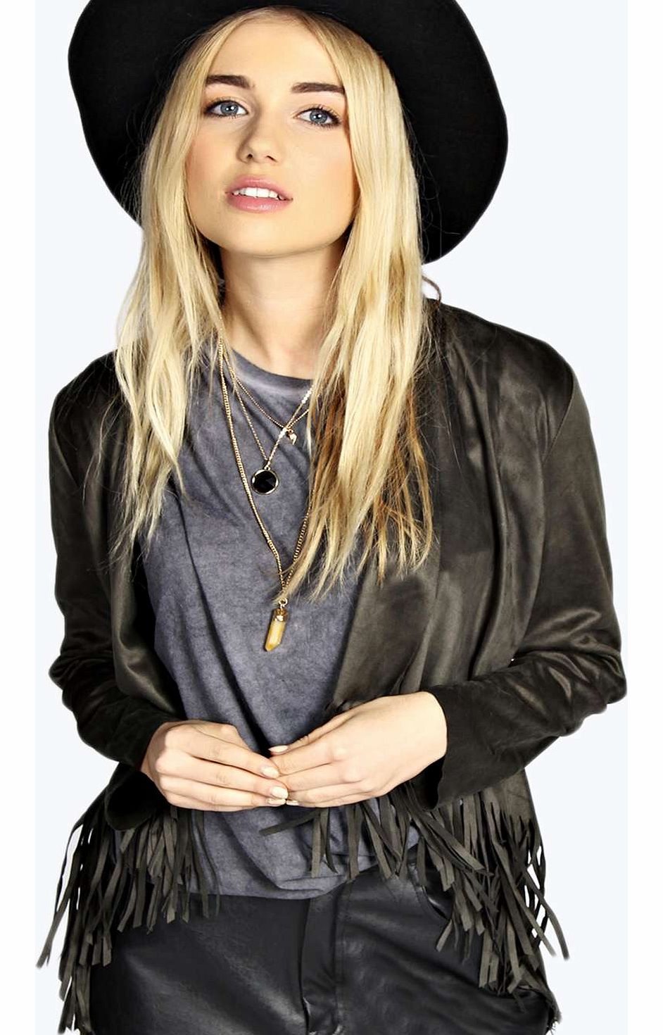 boohoo Kira Tassel Waterfall Jacket - khaki azz14367