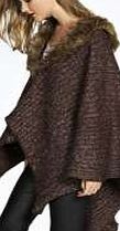 boohoo Knitted Faux Fur Trim Cape Wrap - brown azz19026