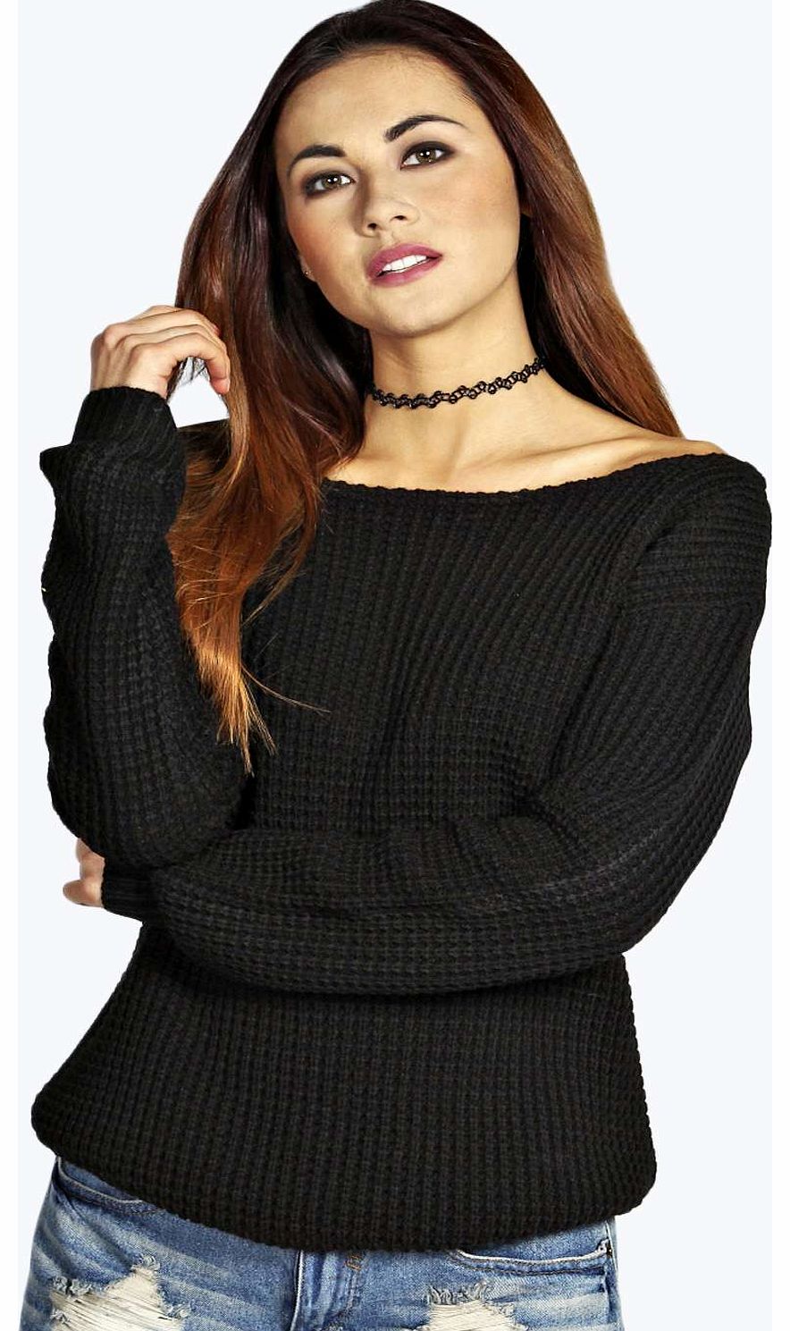 boohoo Krista Holly Slash Neck Waffel Jumper - black